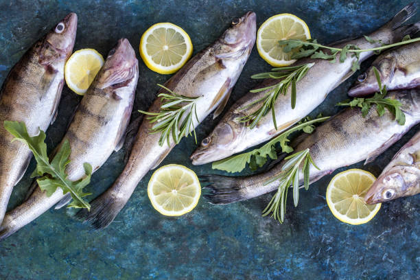 istock fresh fish with fresh vegetables and greens on background 1159624392