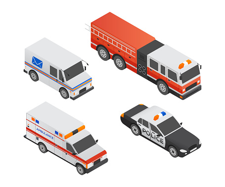 Special transport vehicles - modern vector isometric colorful elements. High quality set of objects. Police car, ambulance, mail truck, fire engine. Urban transport concept