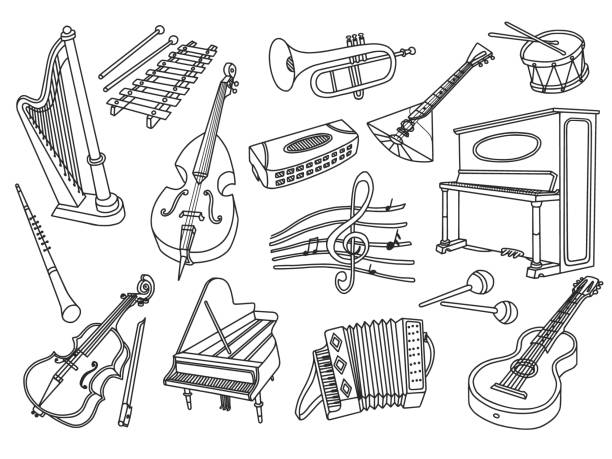 Musical Instruments Doodle Set Vector doodles of musical instruments. harmonica stock illustrations