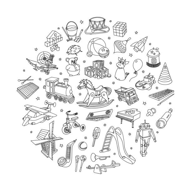 illustrazioni stock, clip art, cartoni animati e icone di tendenza di set doodle giocattoli per bambini - boat horn
