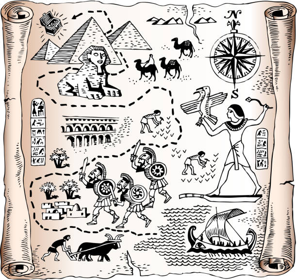 royalty free vector map of Egyptian kingdom Includes: Egyptian pyramids, pharaoh, hierogliphics, boats,sphinx,camels,Romans roman empire vector stock illustrations