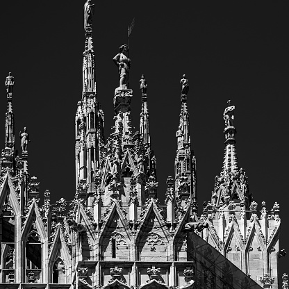 Milan Duomo cathedral details close up, Italy. Black and white toning