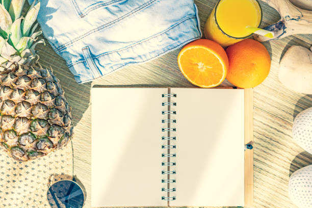 istock Top view of Summer accessories on staw background. copy space 1159628027