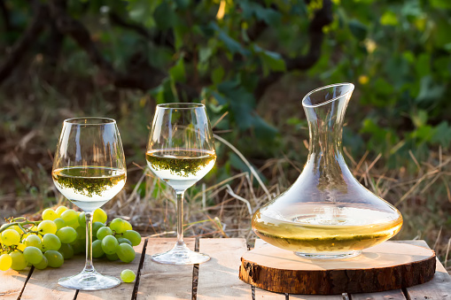Young white wine on nature background, decanter and white grapes