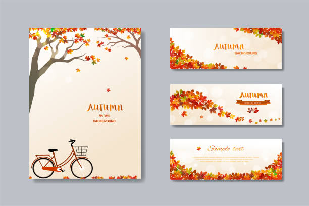 ilustraciones, imágenes clip art, dibujos animados e iconos de stock de colección de la naturaleza bandera de venta de otoño con hojas de colores, fondo de cartel de otoño para publicidad, sitio web, folleto, plantilla, promoción, descuento de cupón o compras en línea - autumn collection