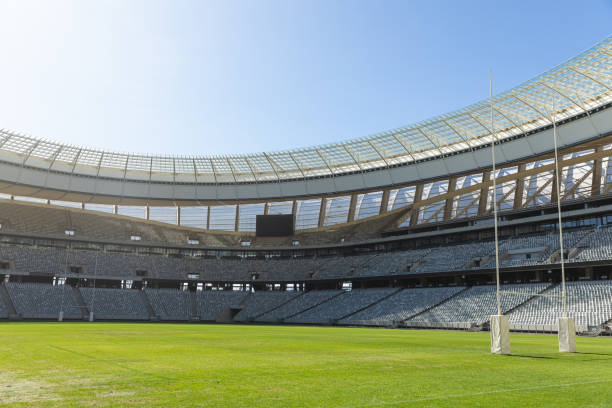 borne do objetivo do rugby em um dia ensolarado no estádio - sparse sky sunlight africa - fotografias e filmes do acervo