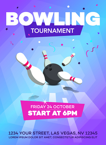 Modern bowling tournament poster invitation template with scattered skittles and bowling ball.