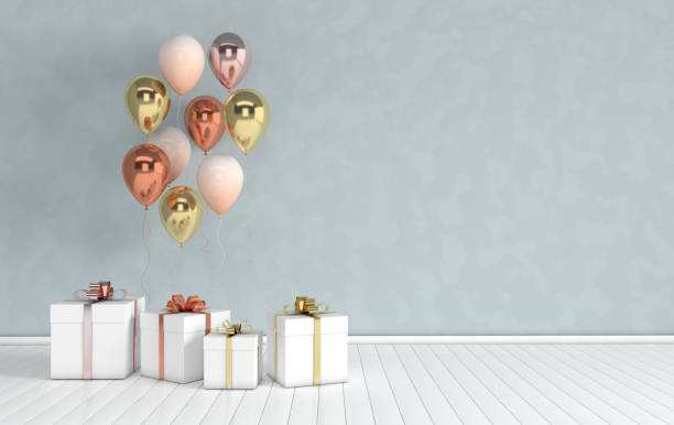 istock 3d render interior with realistic glossy golden metallic and colorful balloons and gift box with bow in the room. Empty space for party, promotion social media banners, posters. 1159632307