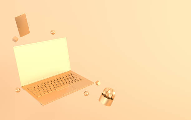 istock Laptop and phone mock-up background in modern minimal style. Notebook, smartphone and cactus 3d render. Technology gadget concept. Golden color 1159632324