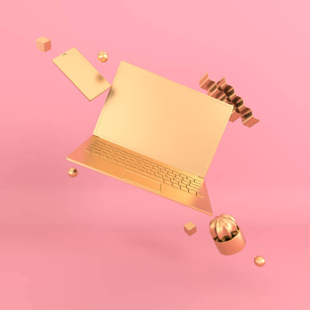 Laptop and phone mock-up background in modern minimal style. Notebook, smartphone and cactus 3d render. Technology gadget concept. Pastel and gold colors