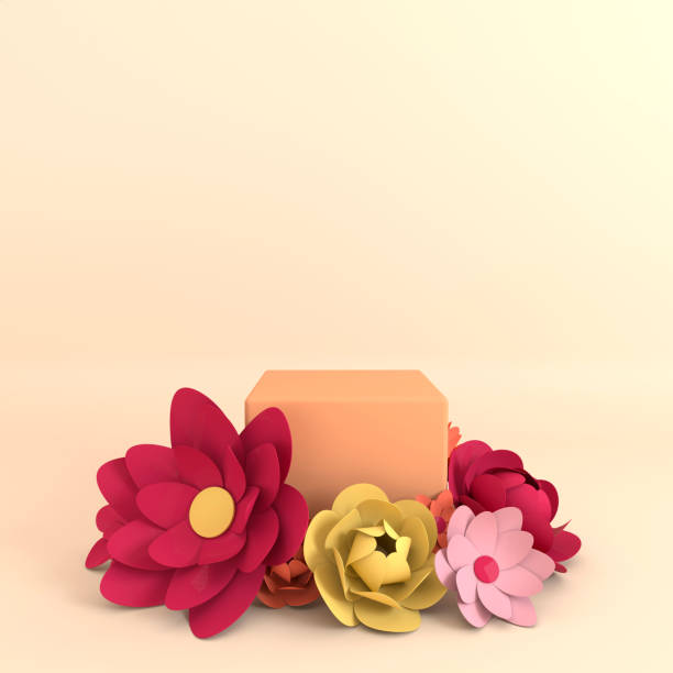 istock Paper flowers frame, podium platform for product presentation. Summer or spring background. Paper cut 3d render mock up in pastel colors 1159632336