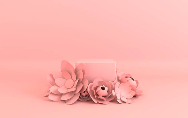 istock Paper flowers frame, podium platform for product presentation. Summer or spring background. Paper cut 3d render mock up in pastel colors 1159632338