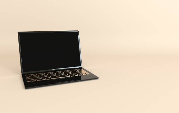 istock Laptop mockup background in modern minimal style. Notebook 3d render in black and gold colors. Technology gadget concept 1159632371