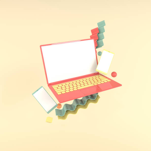 istock Laptop, smartphone and different geometric objects mockup background in modern minimal style. Notebook 3d render in pastel colors. Technology gadget concept 1159632372