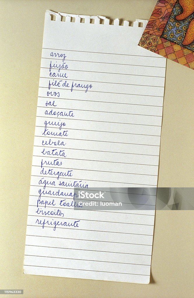 Supermarket list in portuguese List made by the housewife Egg - Food Stock Photo