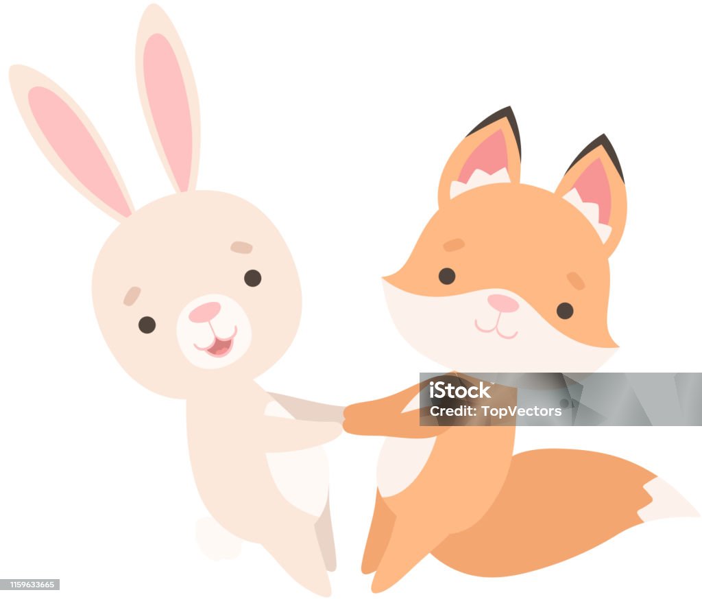 Lovely White Little Bunny And Fox Cub Cute Best Friends Having Fun ...
