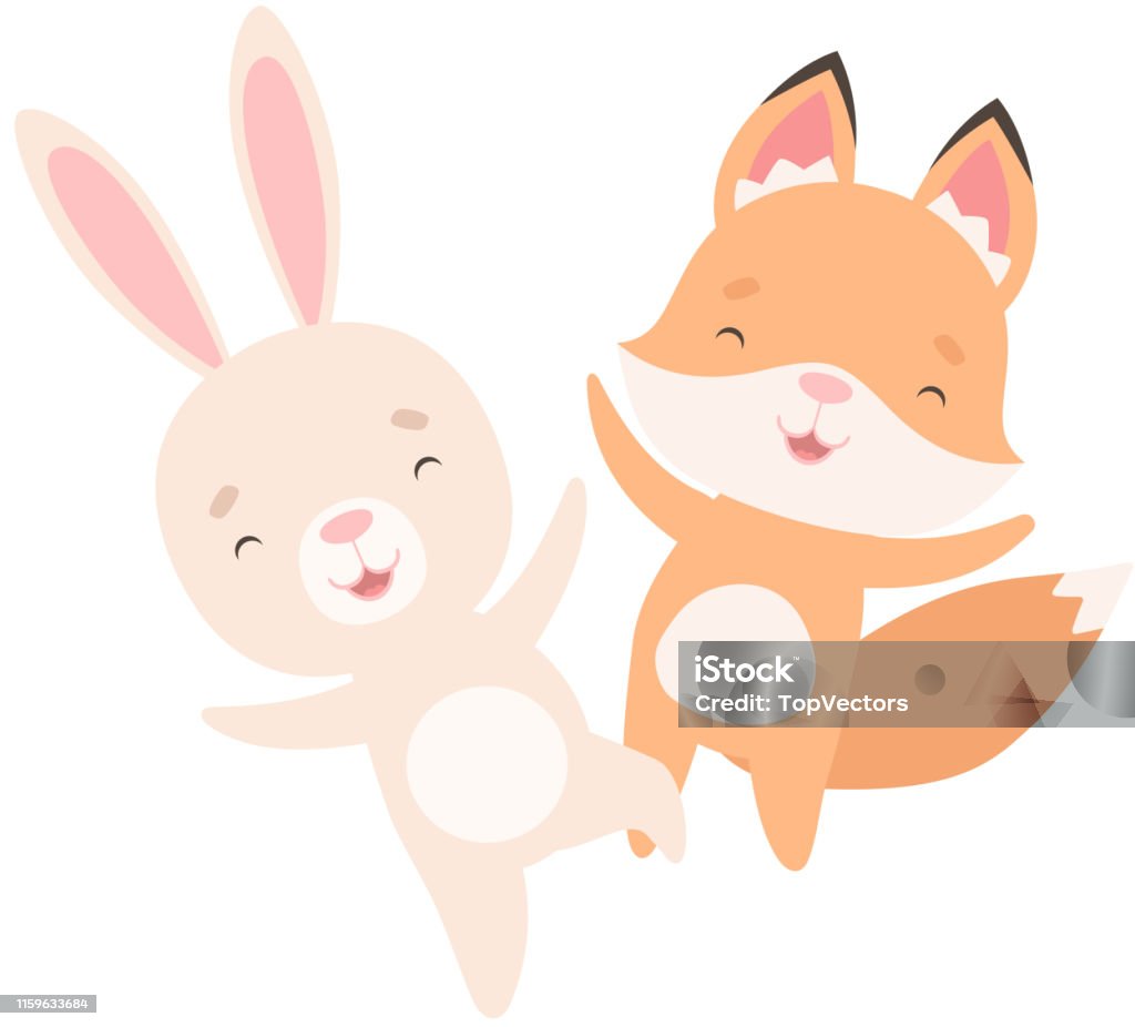 Lovely White Little Bunny And Fox Cub Happily Jumping Cute Best ...