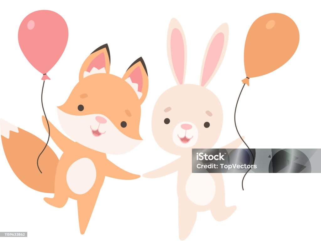 Chú Thỏ Nhỏ Màu Trắng Đáng Yêu Và Fox Cub Với Bóng Bay Bạn Thân Dễ ...