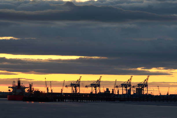 Silhouettes of ships in a port of Santarem city, Brazil