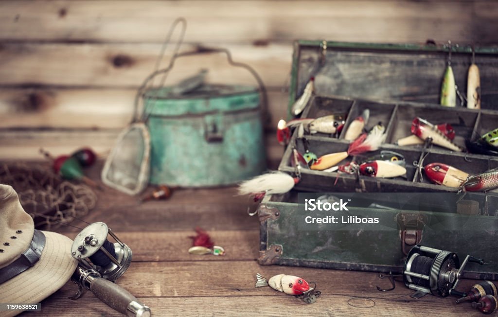 Vintage Fishing Tackle Background Stock Photo - Download Image Now