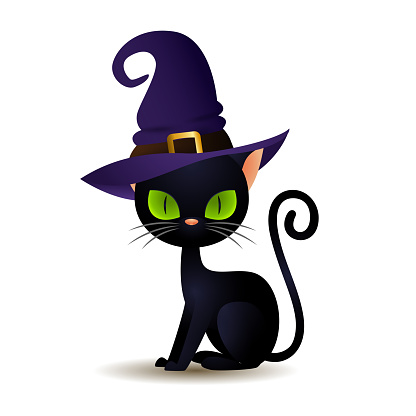 Black cat in witch hat. Scary kitten with big green eyes in wizard headwear. Can be used for topics like animal, Halloween, magic