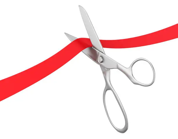Scissors Cut Red Ribbon isolated on white background. 3D render