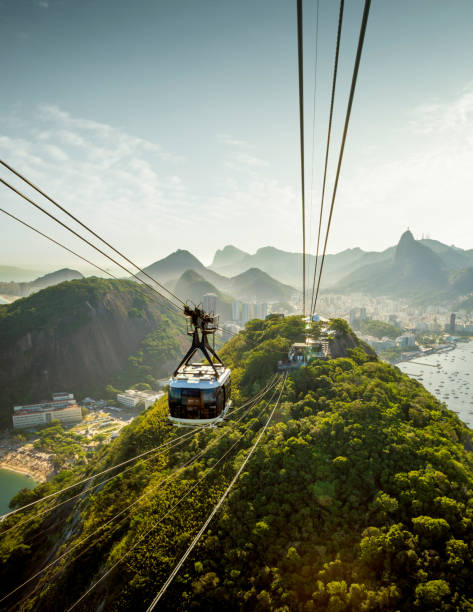 cable car going to sugarloaf mountain in rio de janeiro, brazil - rio de janeiro panoramic skyline scenics imagens e fotografias de stock