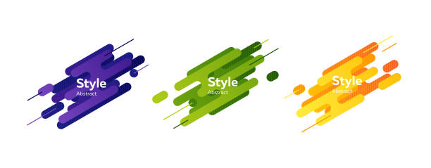 Abstract dynamic lines set. Violet, green, yellow vector art illustration