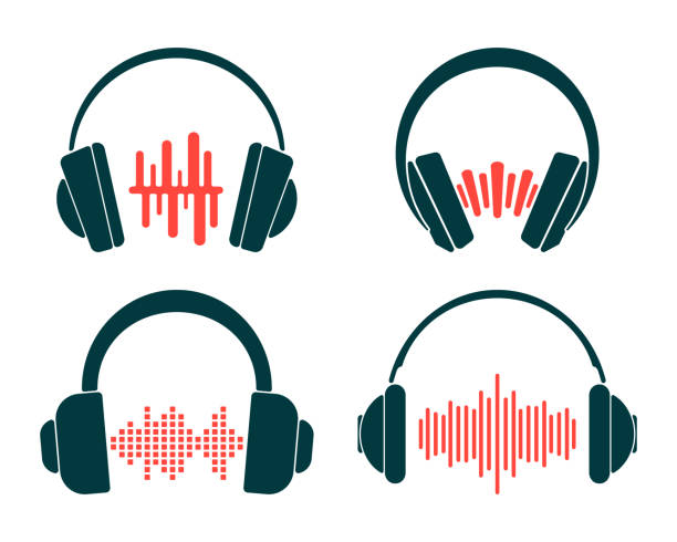 ilustraciones, imágenes clip art, dibujos animados e iconos de stock de auriculares con onda sonora aislada sobre fondo blanco. conjunto de auriculares icono - auriculares equipo de música