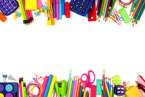 istock School supplies double border, top view isolated on a white background with copy space. Back to school. 1159643336