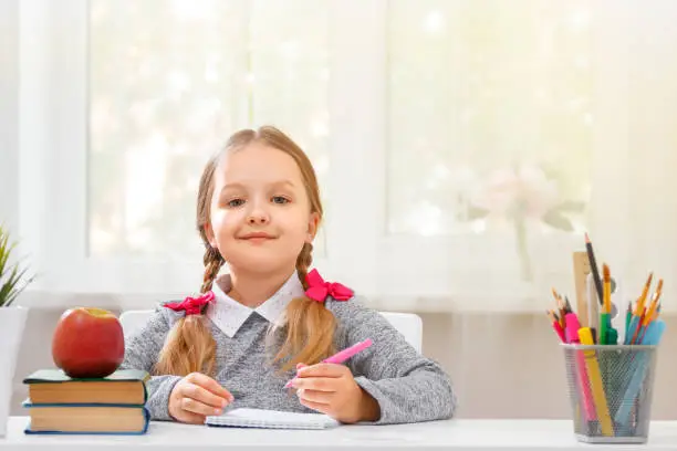 Little student girl sitting at the table. Schoolgirl with a pen in hand and with a notebook, the child looks into the camera. The concept of education and school. Blurred background.