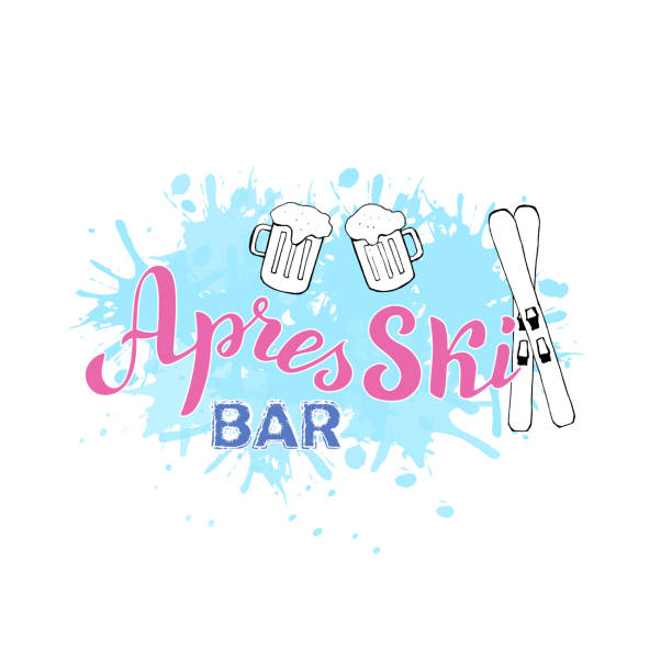 ilustraciones, imágenes clip art, dibujos animados e iconos de stock de barra de esquí apres con cerveza y esquí. folleto de banners de letras de moda. cartel de la estación de esquí. vector eps 10. - beer ski apres ski snow