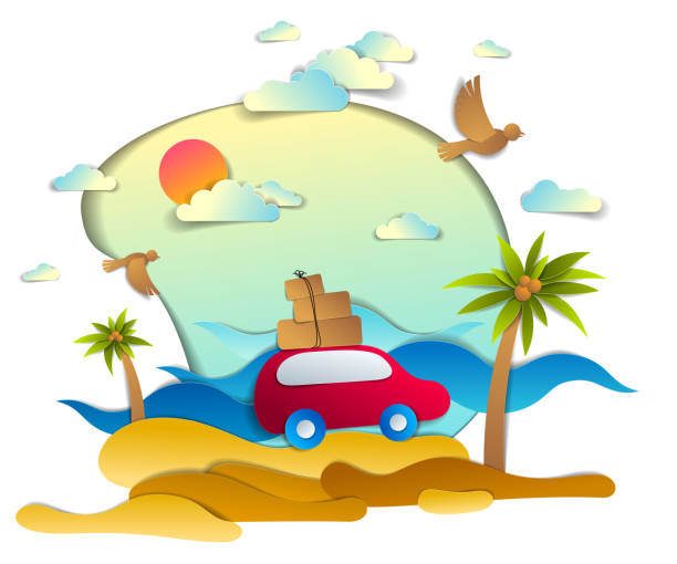 istock Red car with baggage in scenic seascape with beach and palms, waves, birds and clouds in the sky, paper cut style vector illustration of summer holidays travel and tourism, family or friends. 1159648493