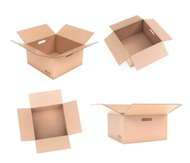 istock Open corrugated carton box with handle holes. Set. 3d rendering illustration isolated 1159648689