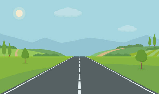 Straight empty road through the countryside. Green hills, blue sky, meadow and mountains. Straight empty road through the countryside. Green hills, blue sky, meadow and mountains. Summer landscape vector illustration. diminishing perspective illustrations stock illustrations
