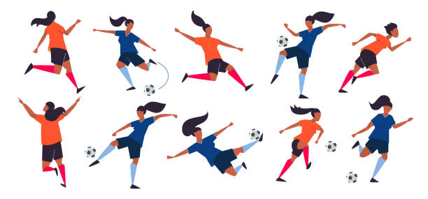 illustrazioni stock, clip art, cartoni animati e icone di tendenza di potere femminile. calciatori donne. illustrazione vettoriale di calcio. - bambini calcio