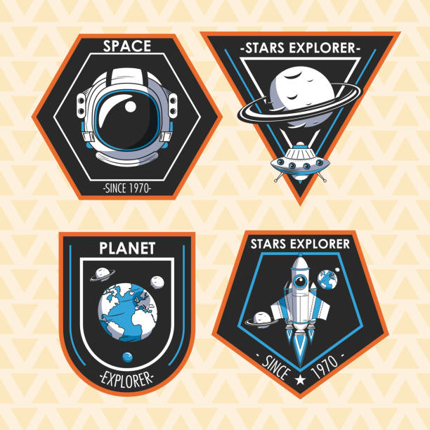 Set of Space explorer patches emblems design Set of Space explorer patches emblems with astronaut, UFO and spaceship design vector illustration graphic design patchwork stock illustrations