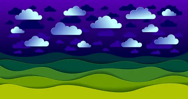 Vector illustration of Scenic nature landscape of green grass meadow in the night and clouds in the sky cartoon paper cut modern style vector illustration.