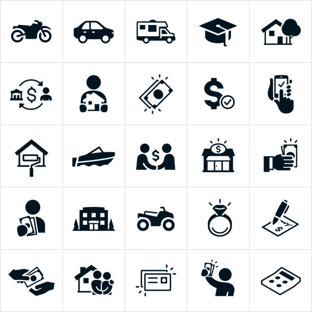 Loan and Borrowing Icons A set of icons representing types of loans and the borrowing of money. The icons include common items purchased with a loan like a motorcycle, car, motorhome, education, house or mortgage, business, home renovation, wedding ring, motor boat and ATV. They also include people holding borrowed money, lenders giving money, cash, credit card, loan contract and calculator to name just a few. borrowing stock illustrations