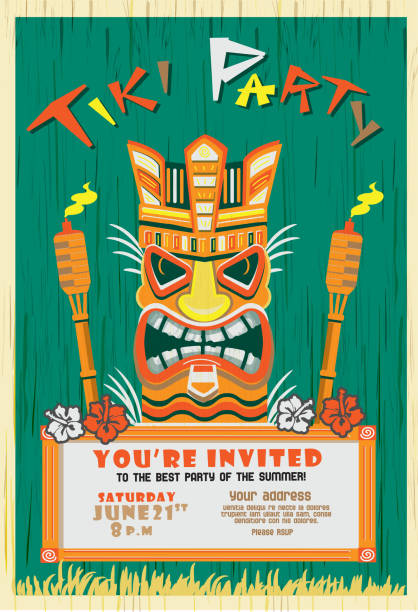 стилизованный шаблон дизайна tiki hawaiian party с деревянными факелами tiki statue и tiki с яркими цветами и деталями лота - tiki torch stock illustrations