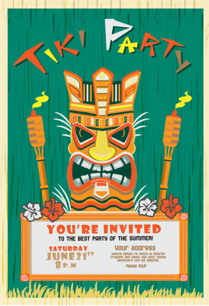 Stylized Tiki Hawaiian party design template with wooden Tiki Statue and Tiki torches with bright colors and lot's of detail Vector illustration of a Stylized Tiki Hawaiian party design template with wooden Tiki Statue, Tiki torches and hibiscus flowers with bright colors and lot's of detail. Invitation or poster design with hand lettered text. Placement text for sample only. Sample fonts are Showcase outlined in template. Fonts outlined Easy to edit with layers. Fully editable. EPS 10. tiki torch stock illustrations