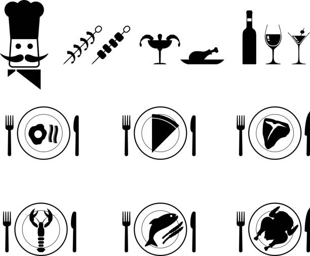 illustrazioni stock, clip art, cartoni animati e icone di tendenza di cena piatto cibo e dallo chef vector set di icone in nero - shrimp cocktail