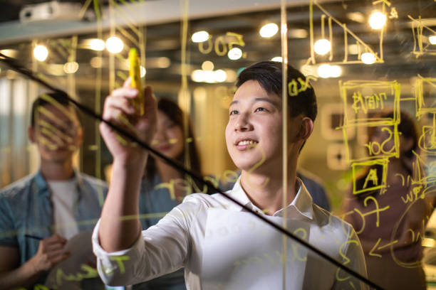 Taiwanese entrepreneur writing on glass wall on meeting Cheerful Taiwanese  businessman writing on glass wall  in meeting room, colleagues watching transparent wipe board stock pictures, royalty-free photos & images