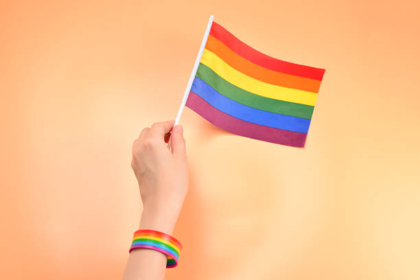 istock LGBT flag in woman hand on orange background. Copy space. 1159664920