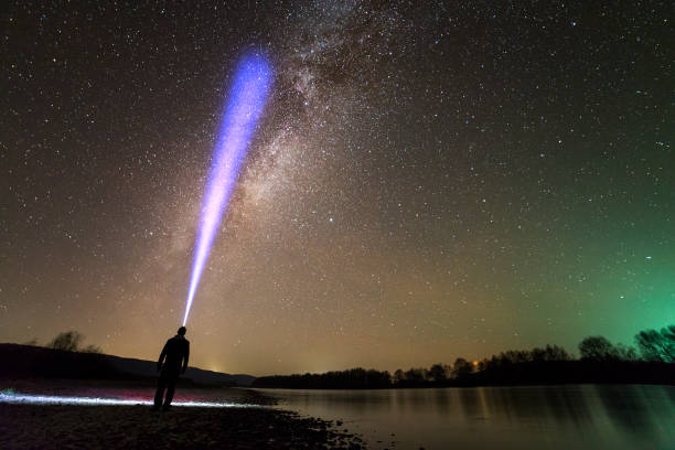 istock Back view of man with head flashlight standing on river bank, long blue beam across beautiful dark starry sky. Night photography concept. Wide panorama, copy space background. 1159665773