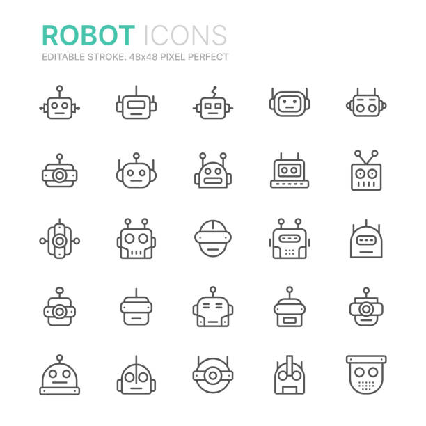 ilustrações de stock, clip art, desenhos animados e ícones de collection of robots line icons. 48x48 pixel perfect. editable stroke - car computer icon symbol side view