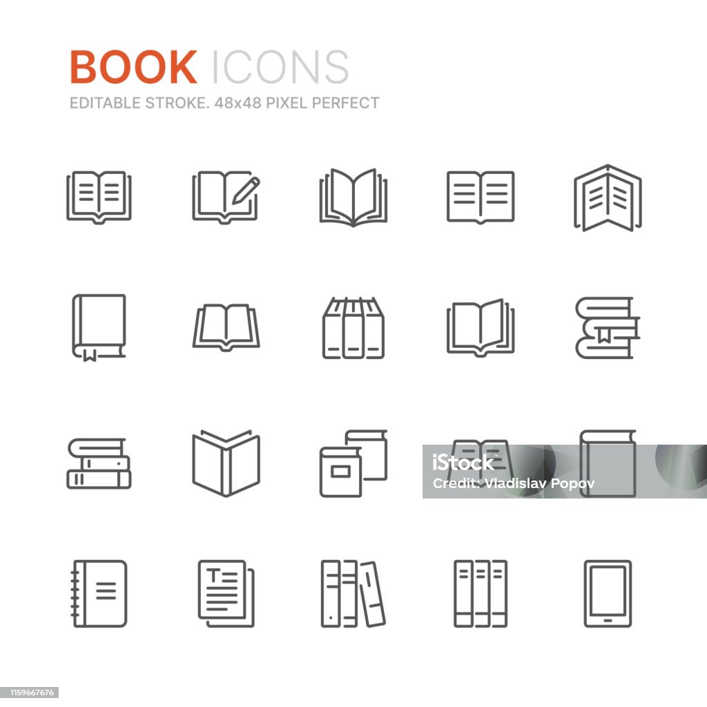 Samling av böcker linje ikoner. 48x48 pixel perfekt. Redigerbar stroke - Royaltyfri Ikon vektorgrafik