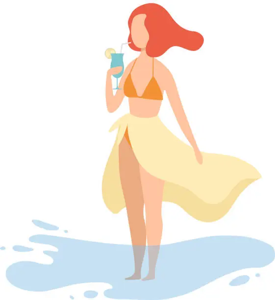 Vector illustration of Happy Beautiful Girl in Bikini and Pareo Standing on Beach and Drinking Cocktail Vacation Vector Illustration