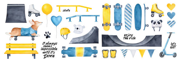 Skate Park Pack with various gear and skateboarding elements, motivational quotes, party balloons, hearts, urban bench, cap, rollerskates. Blue, yellow, black color clipart. Hand drawn watercolour. Hand drawn watercolor illustration. kneepad stock illustrations