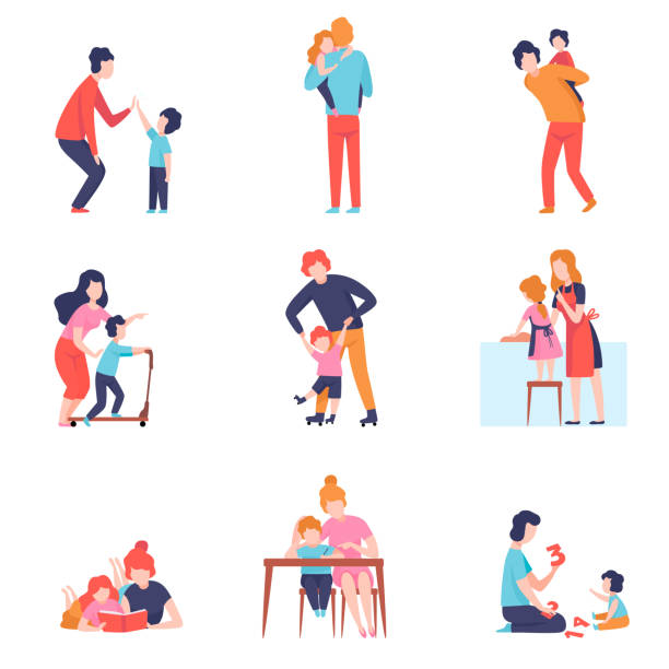 ilustrações de stock, clip art, desenhos animados e ícones de parents having good time with kids set, mother and father teaching and playing with sons and daughters vector illustration - family kids